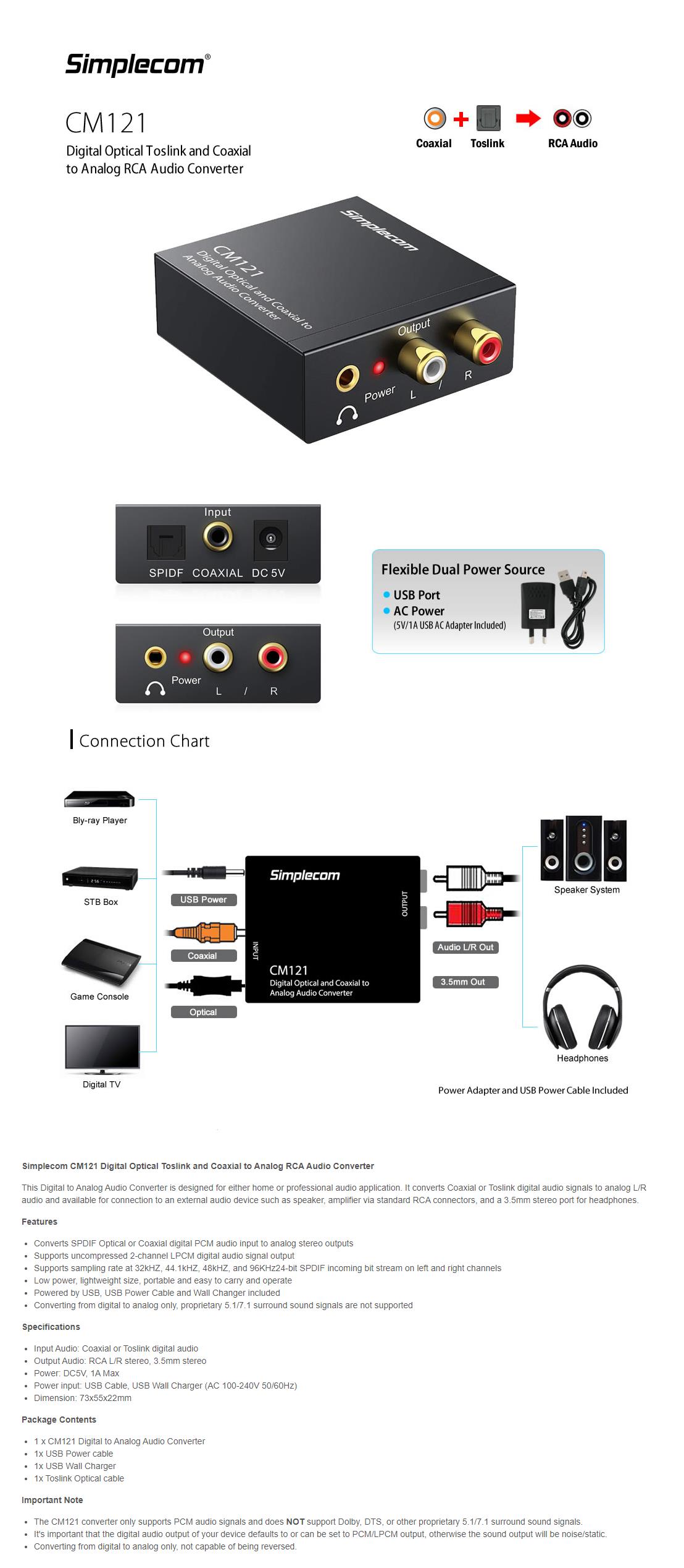 A large marketing image providing additional information about the product Simplecom CM121 Digital Optical Toslink/Coaxial to Analog RCA Audio Converter - Additional alt info not provided