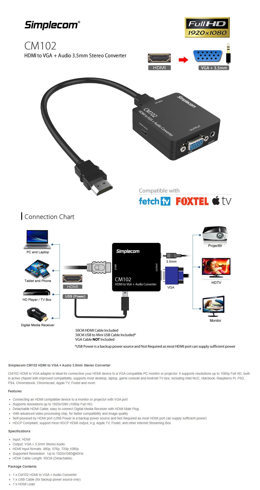 A large marketing image providing additional information about the product Simplecom CM102 HDMI to VGA + 3.5mm Stereo Converter - Additional alt info not provided