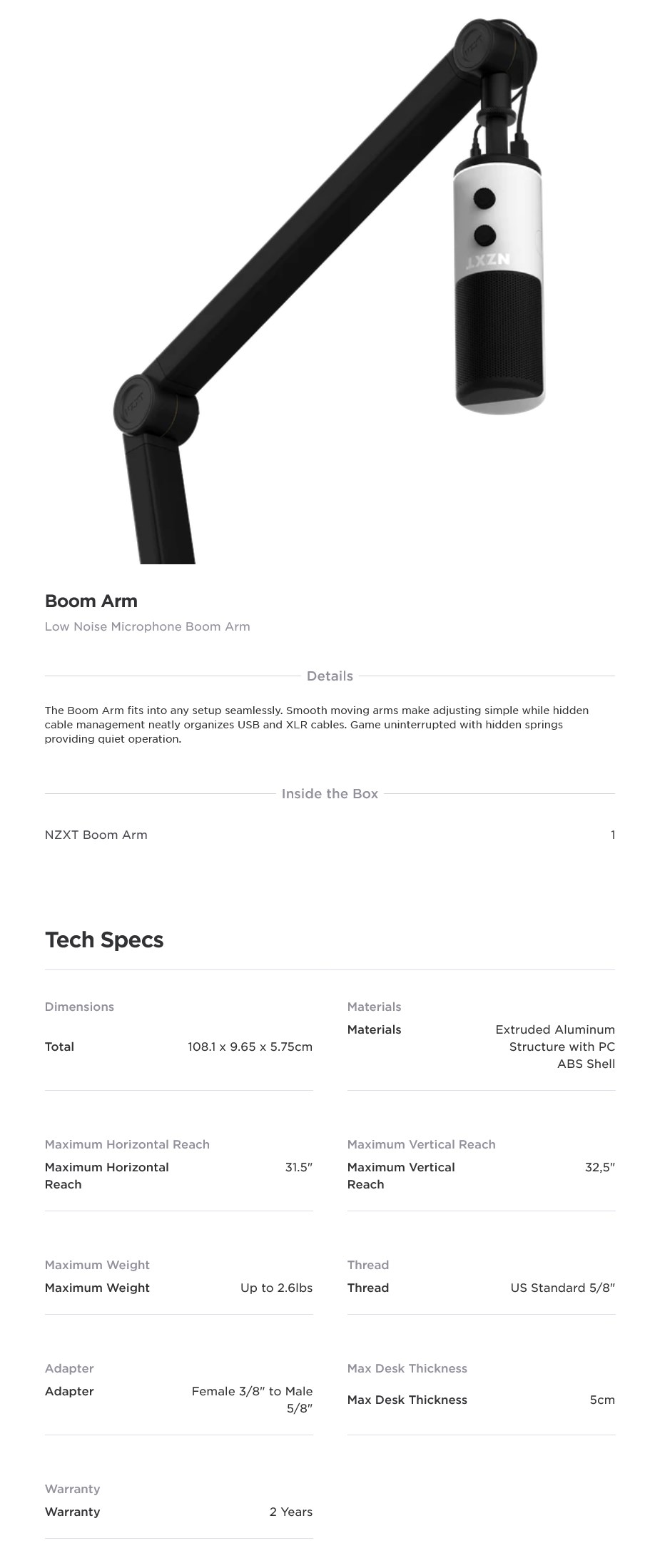 A large marketing image providing additional information about the product NZXT Microphone Boom Arm - Additional alt info not provided