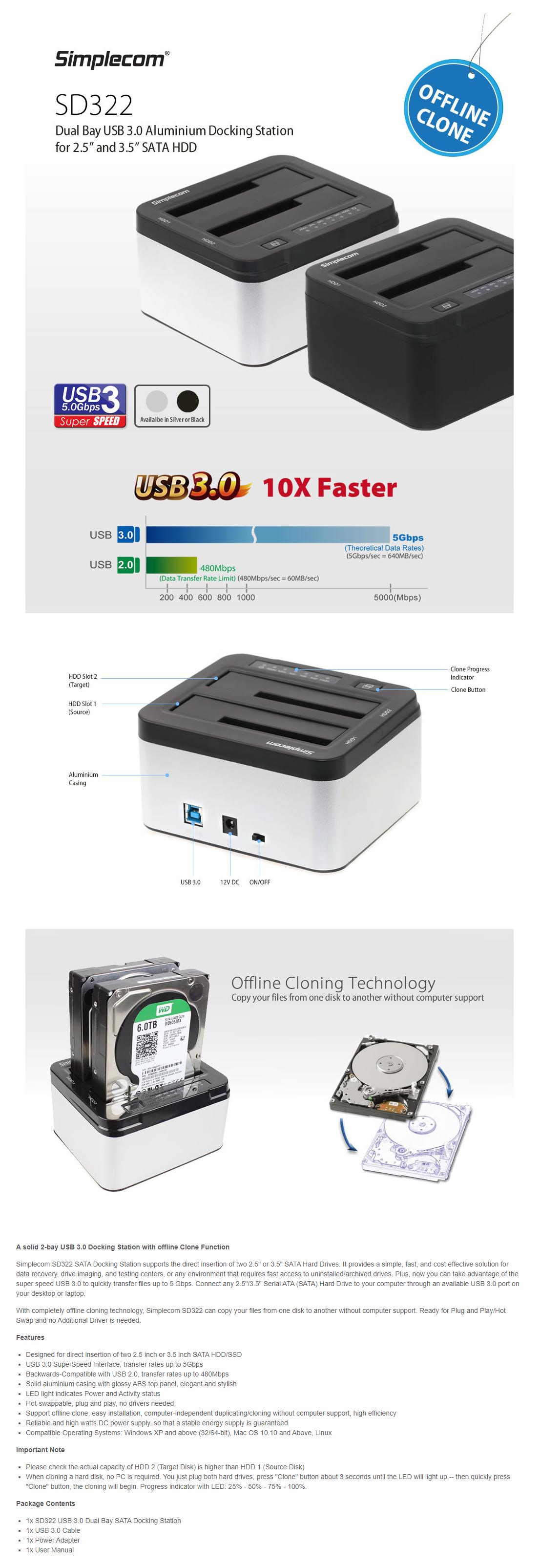A large marketing image providing additional information about the product Simplecom SD322 Dual Bay USB 3.0 Aluminium Docking Station - Black - Additional alt info not provided