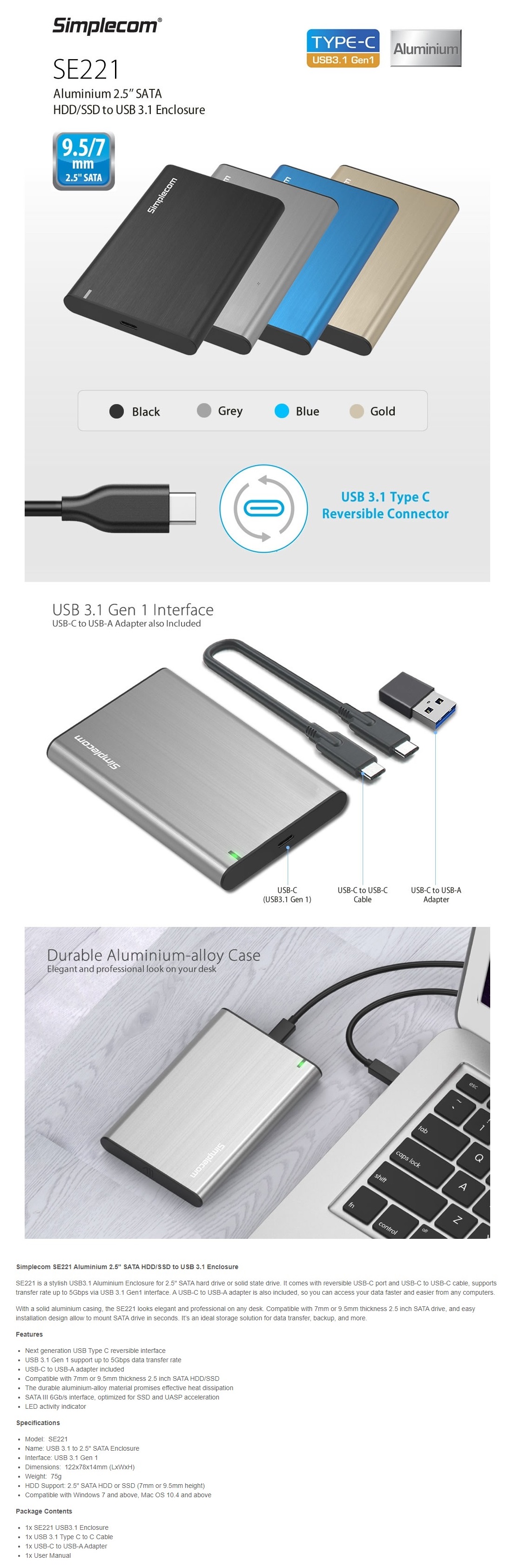 A large marketing image providing additional information about the product Simplecom SE221 Aluminium 2.5" SATA HDD/SSD USB3.1 Enclosure - Gold - Additional alt info not provided