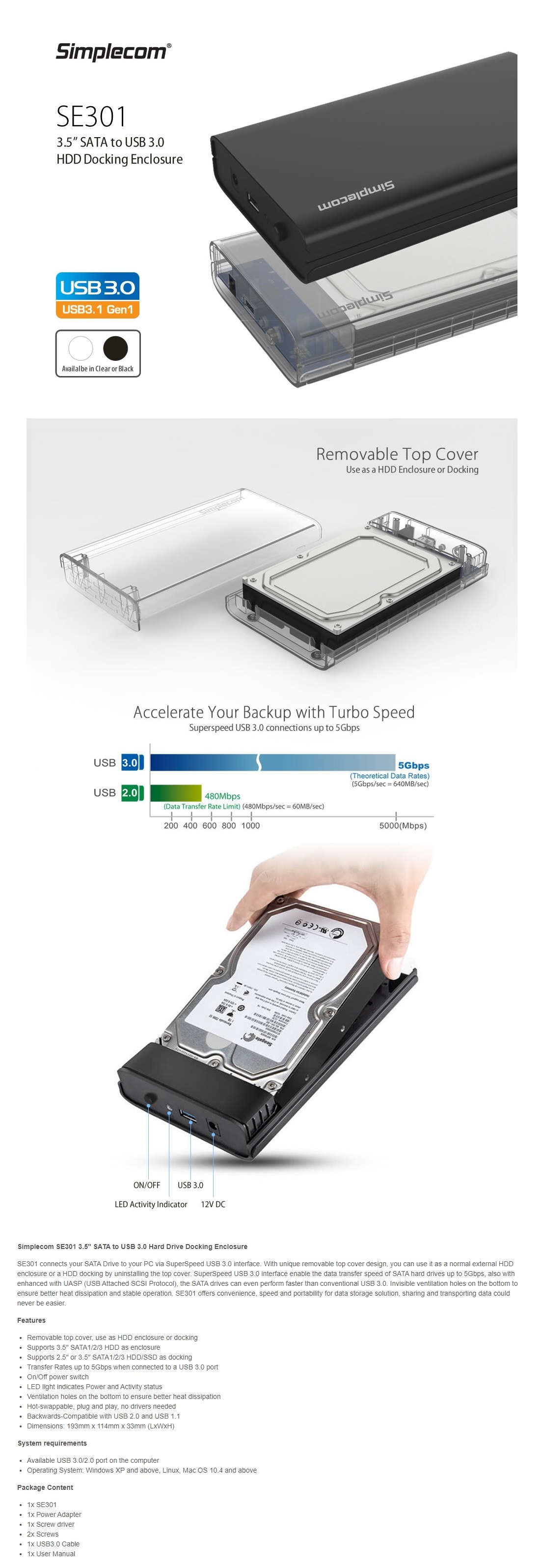 A large marketing image providing additional information about the product Simplecom SE301-CL 3.5" SATA to USB 3.0 Hard Drive Docking Enclosure - Clear - Additional alt info not provided