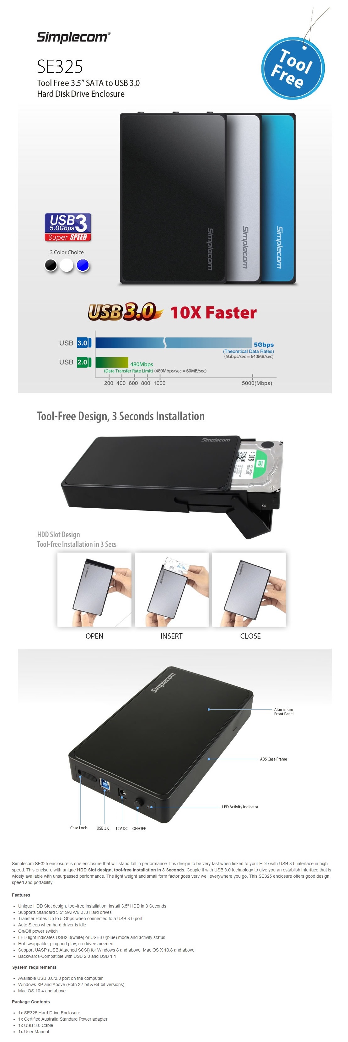 A large marketing image providing additional information about the product Simplecom SE325 3.5" SATA HDD to USB 3.0 Hard Drive Enclosure - Black - Additional alt info not provided