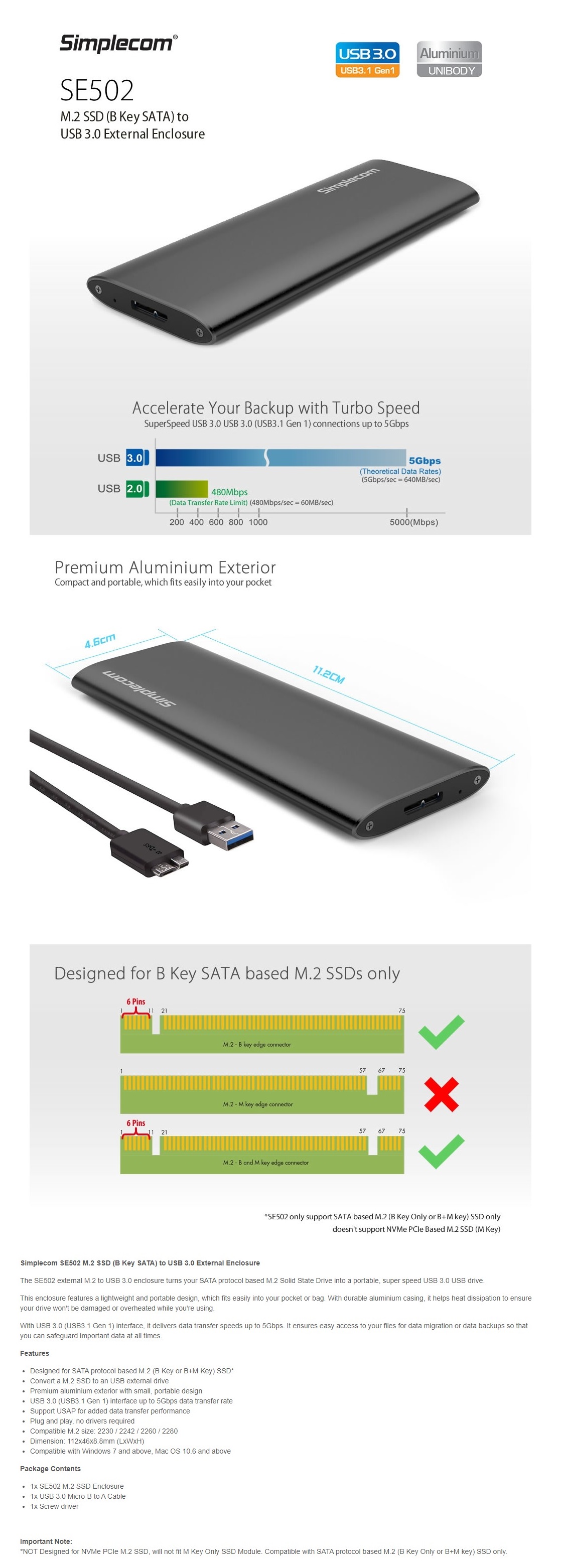 A large marketing image providing additional information about the product Simplecom SE502 M.2 B Key SATA to USB 3.0 External SSD Enclosure - Additional alt info not provided