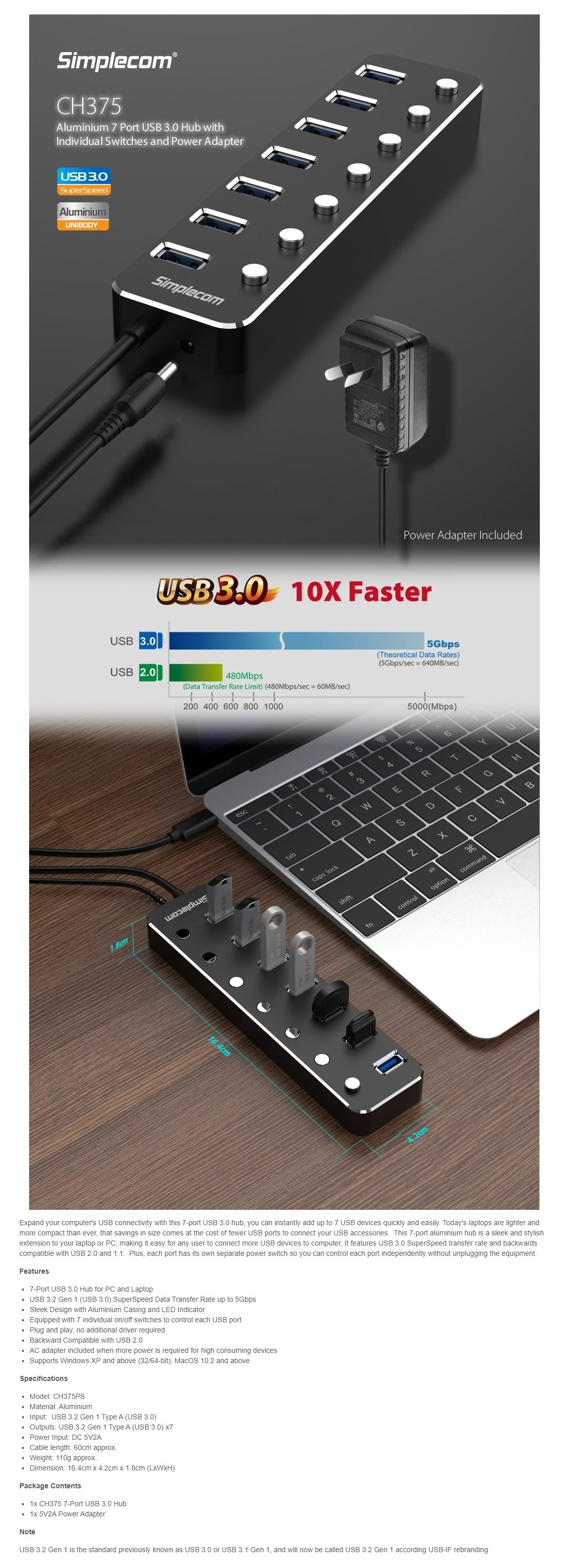 A large marketing image providing additional information about the product Simplecom CH375PS 7 Port USB 3.0 Hub with Individual Switches - Additional alt info not provided