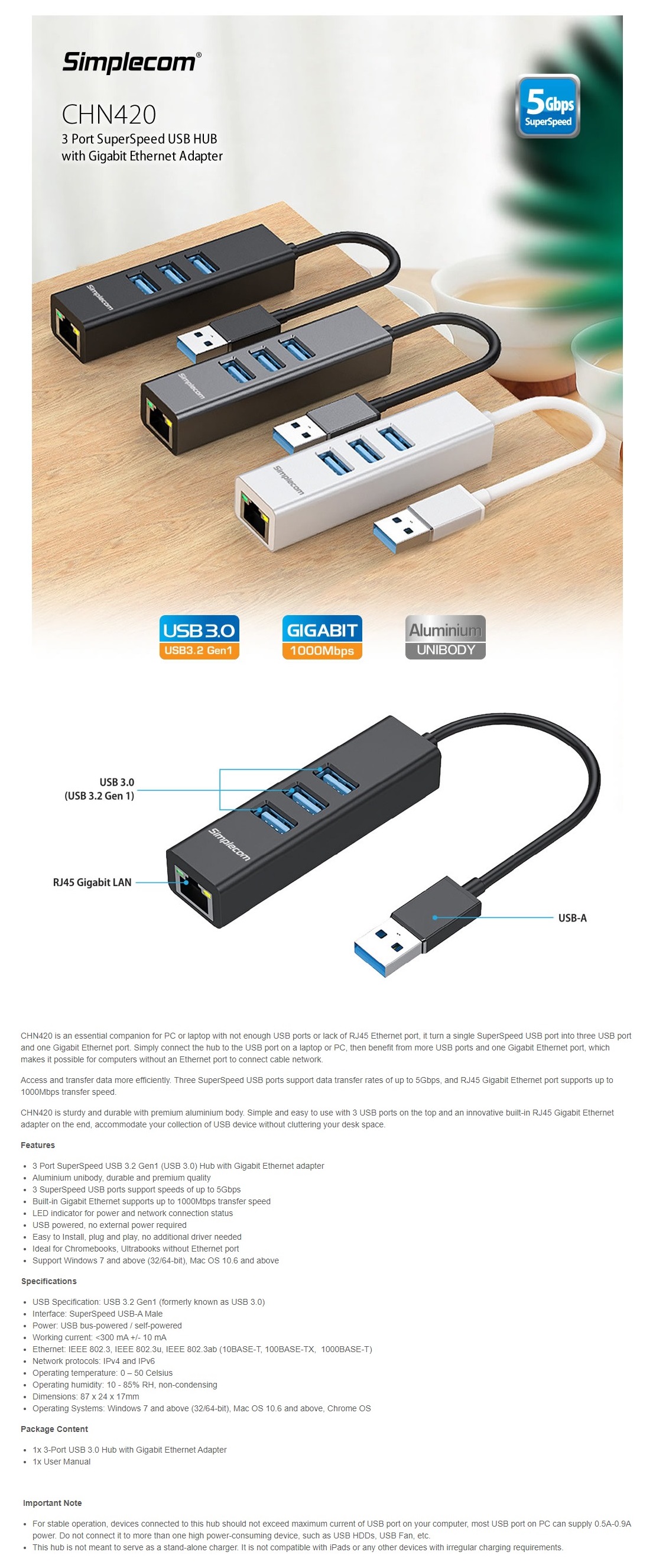 A large marketing image providing additional information about the product Simplecom CHN420 USB-A to 3 Port USB-A HUB w/ Gigabit Ethernet Adapter - Black - Additional alt info not provided