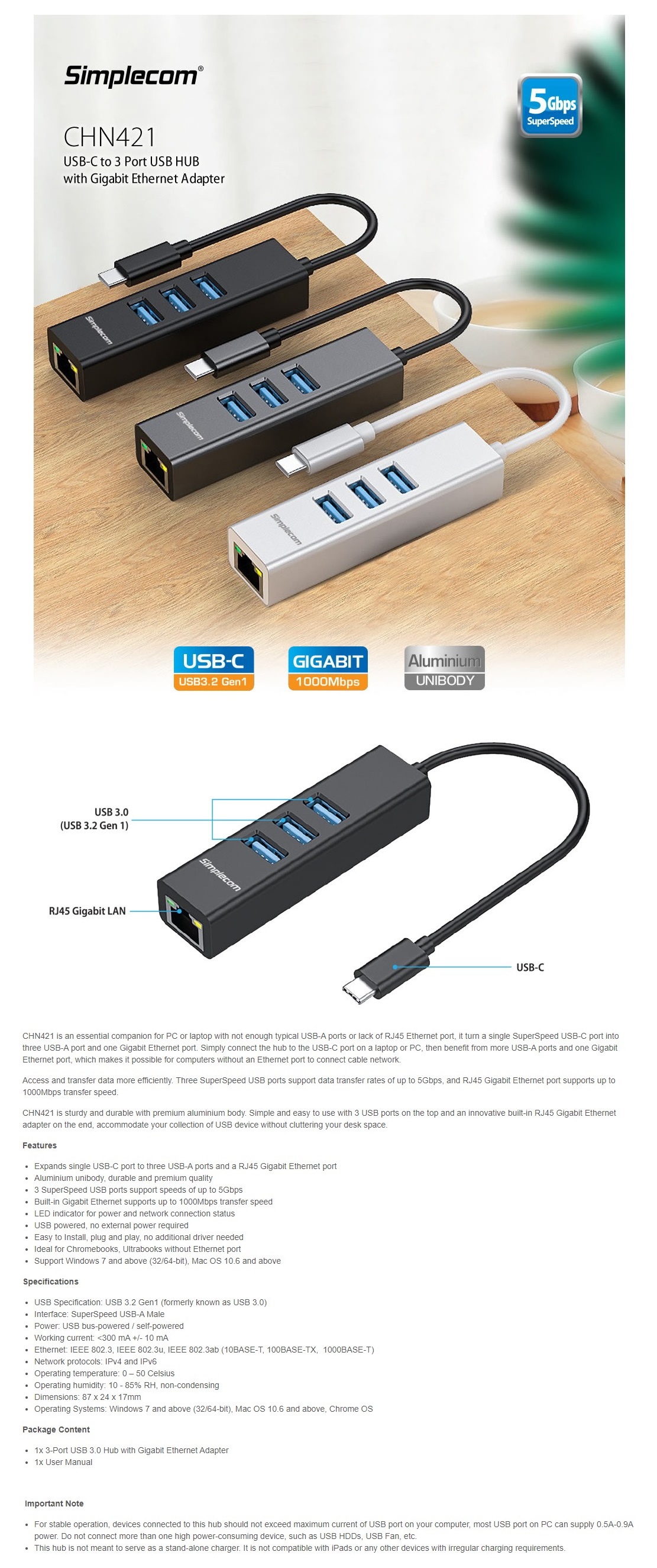 A large marketing image providing additional information about the product Simplecom CHN421 USB-C to 3 Port USB-A HUB w/ Gigabit Ethernet Adapter - Black - Additional alt info not provided