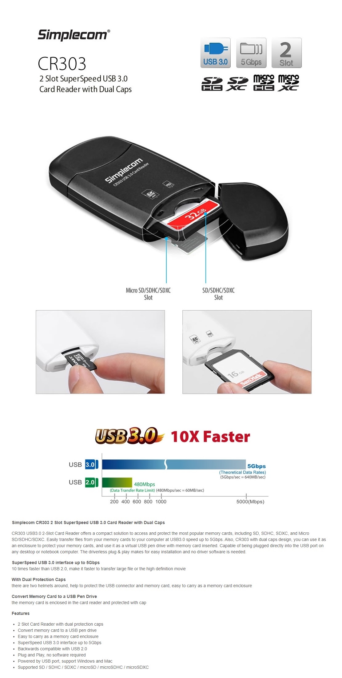 A large marketing image providing additional information about the product Simplecom CR303 2-Slot SuperSpeed USB 3.0 Card Reader - Black - Additional alt info not provided