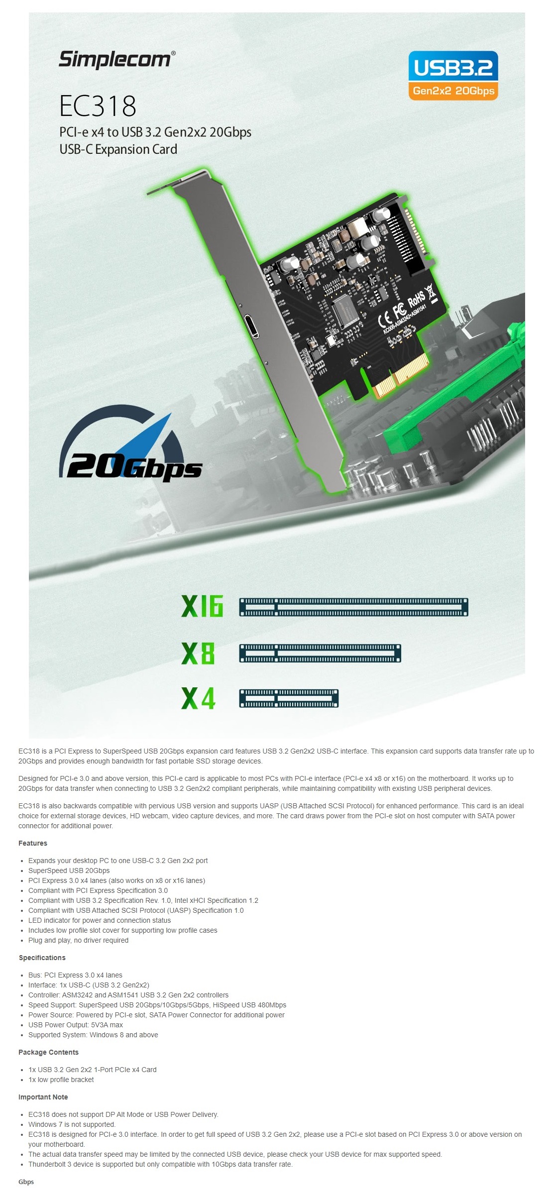 A large marketing image providing additional information about the product Simplecom EC318 PCIe x4 to USB-C 3.2 Gen2x2 Expansion Card - Additional alt info not provided