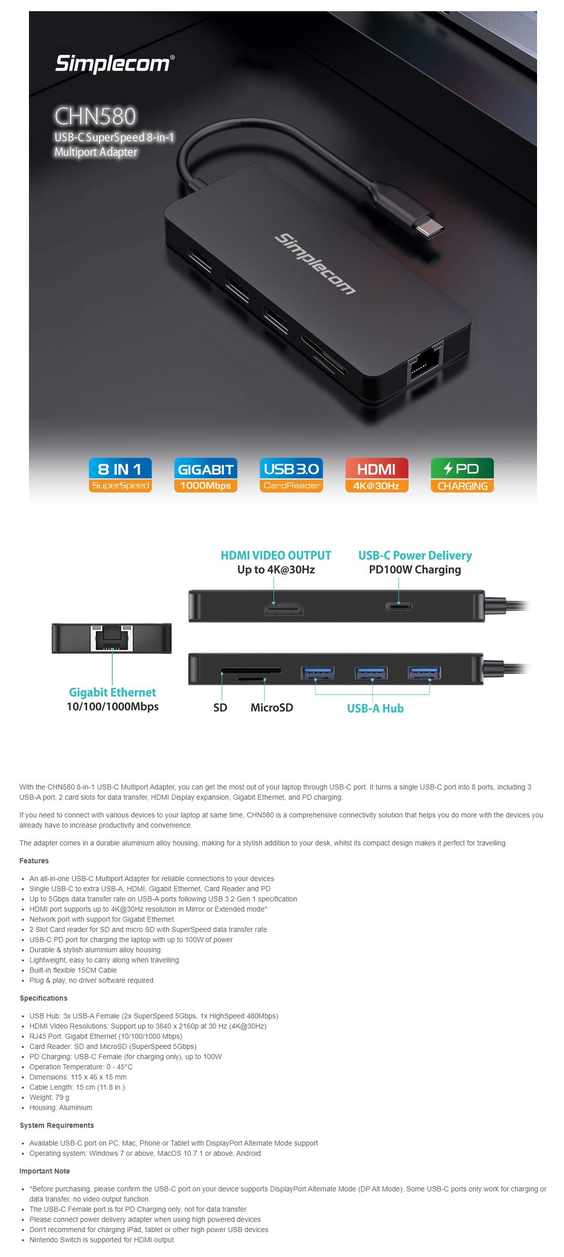 A large marketing image providing additional information about the product Simplecom CHN580 Aluminium 8-in-1 USB-C Multiport Hub Adapter - Additional alt info not provided