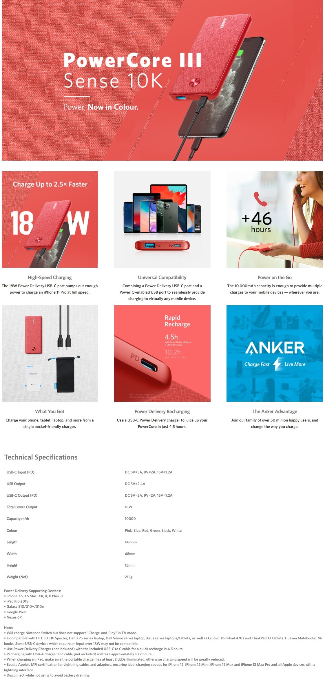 A large marketing image providing additional information about the product ANKER PowerCore III Sense 10K - Pink Fabric - Additional alt info not provided