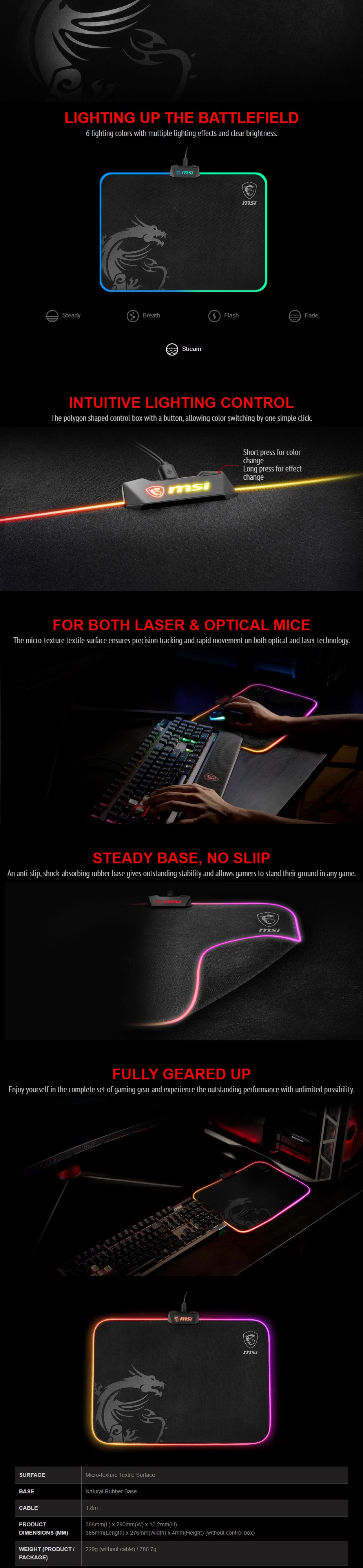 A large marketing image providing additional information about the product MSI Agility GD60 RGB Gaming Mousepad - Medium - Additional alt info not provided