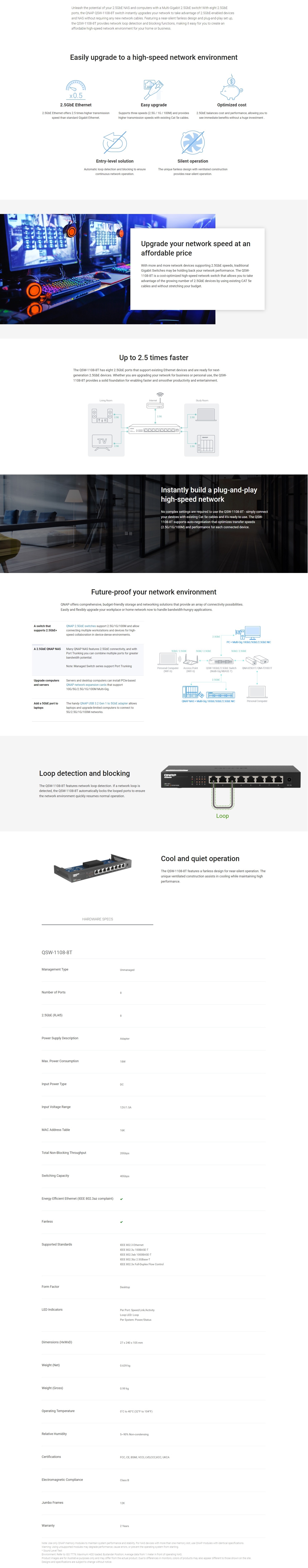 A large marketing image providing additional information about the product QNAP QSW-1108-8T 2.5GbE 8-Port Network Switch - Additional alt info not provided