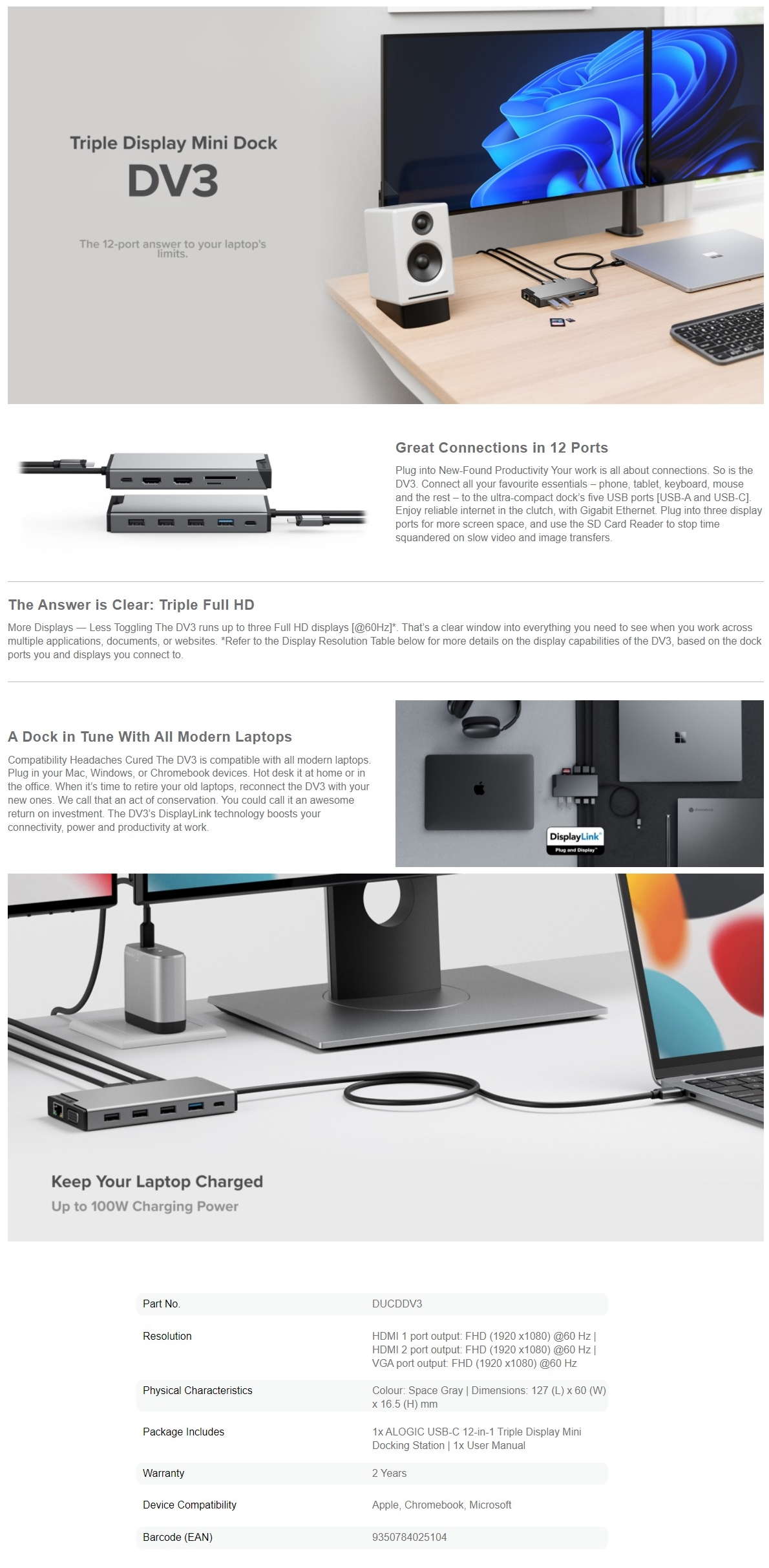 A large marketing image providing additional information about the product ALOGIC DV3 Universal Triple Display Docking Station - Additional alt info not provided