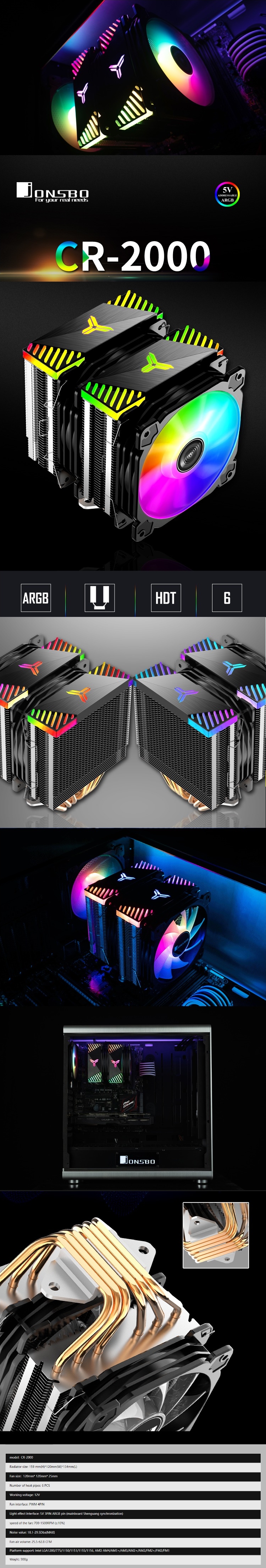 A large marketing image providing additional information about the product Jonsbo CR-2000GT ARGB LED CPU Cooler - Additional alt info not provided