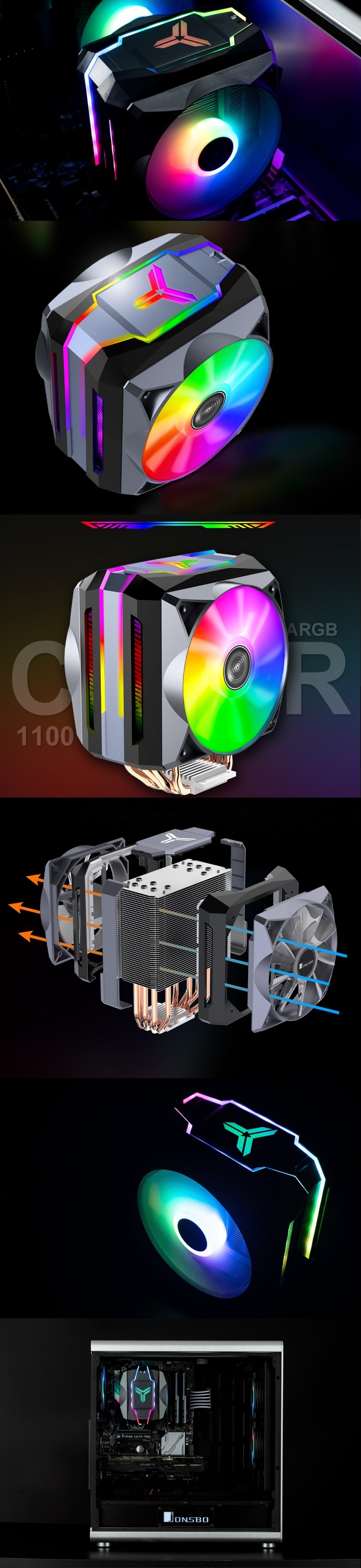 A large marketing image providing additional information about the product Jonsbo CR-1100 Grey ARGB LED CPU Cooler - Additional alt info not provided