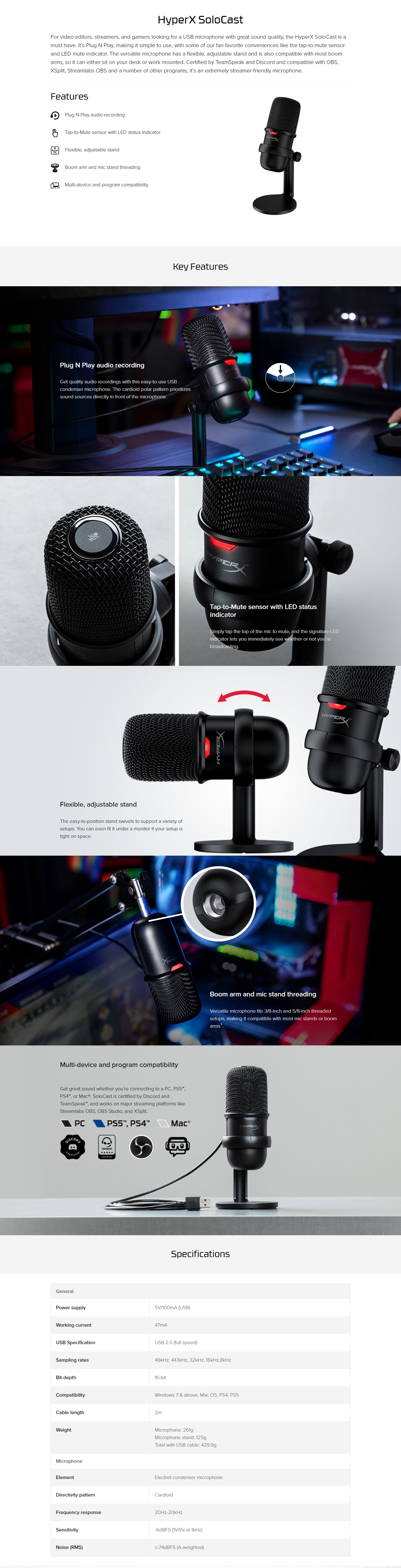 A large marketing image providing additional information about the product HyperX SoloCast - USB Condenser Microphone (Black) - Additional alt info not provided
