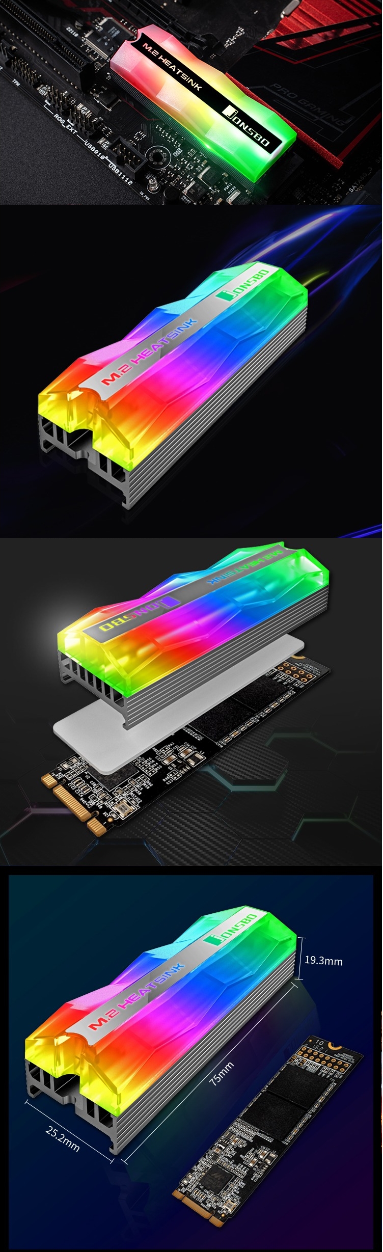 A large marketing image providing additional information about the product Jonsbo Aluminium M.2 Solid State Drive RGB Heatsink - Grey - Additional alt info not provided