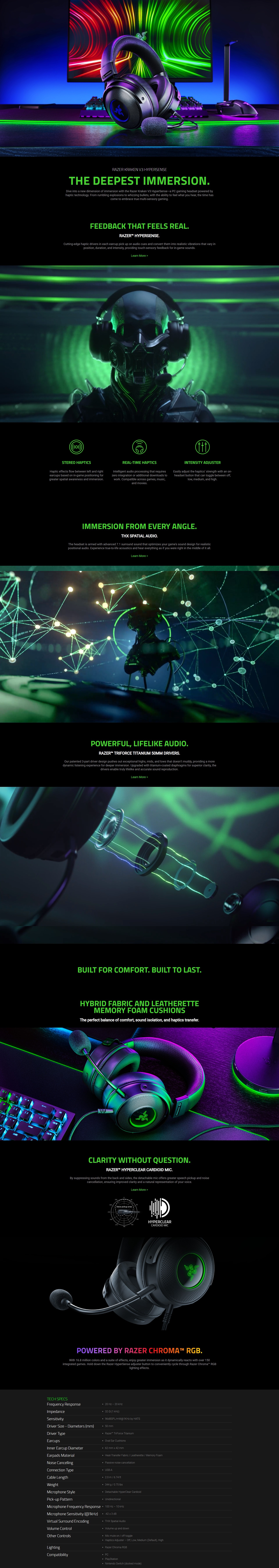 A large marketing image providing additional information about the product Razer Kraken V3 HyperSense Wired USB Gaming Headset with Haptic Technology - Additional alt info not provided