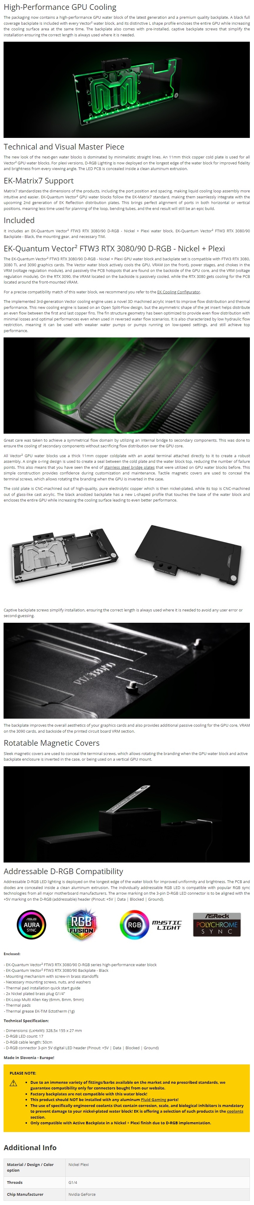 A large marketing image providing additional information about the product EK Quantum Vector² FTW3 RTX 3080/3090 D-RGB GPU Waterblock - Nickel/Plexi - Additional alt info not provided