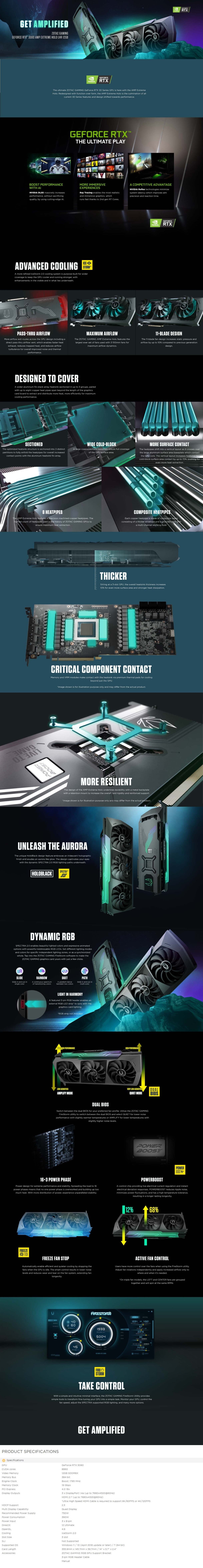 A large marketing image providing additional information about the product ZOTAC GAMING GeForce RTX 3080 AMP Extreme Holo LHR 12GB GDDR6X - Additional alt info not provided
