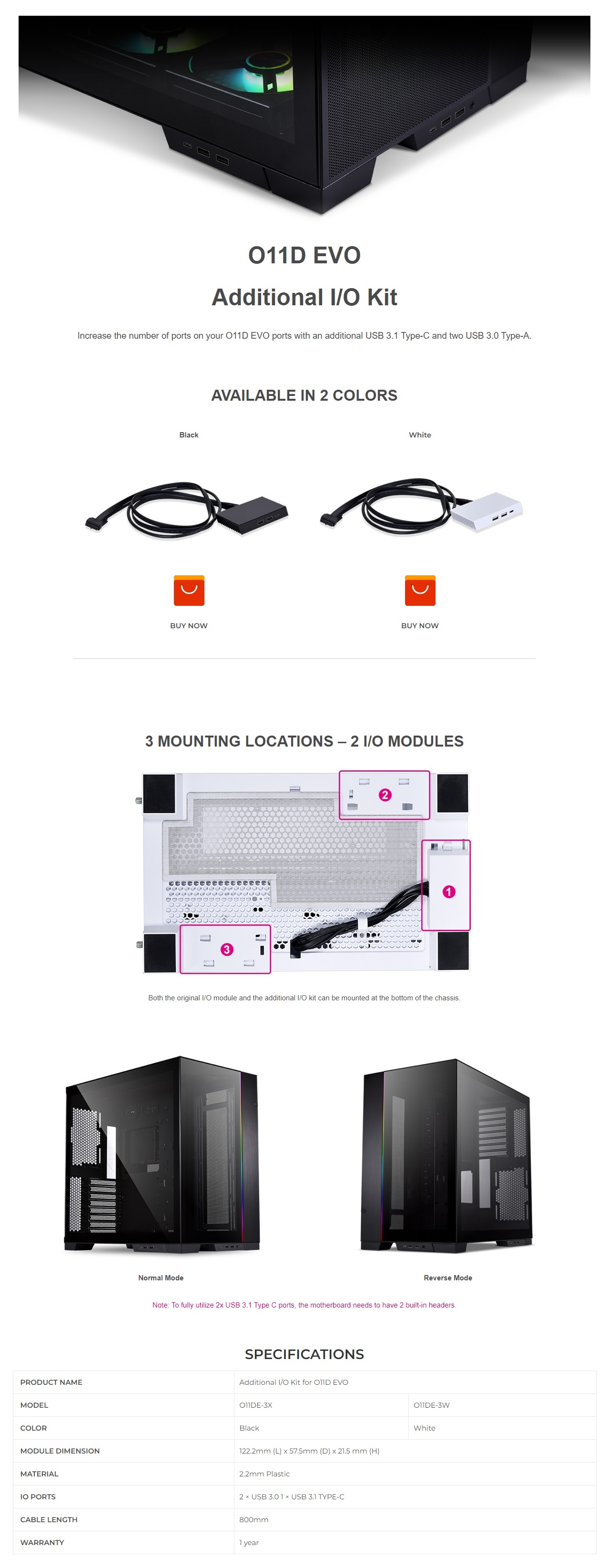 A large marketing image providing additional information about the product Lian Li O11D EVO Additional Kit I/O Kit - White - Additional alt info not provided