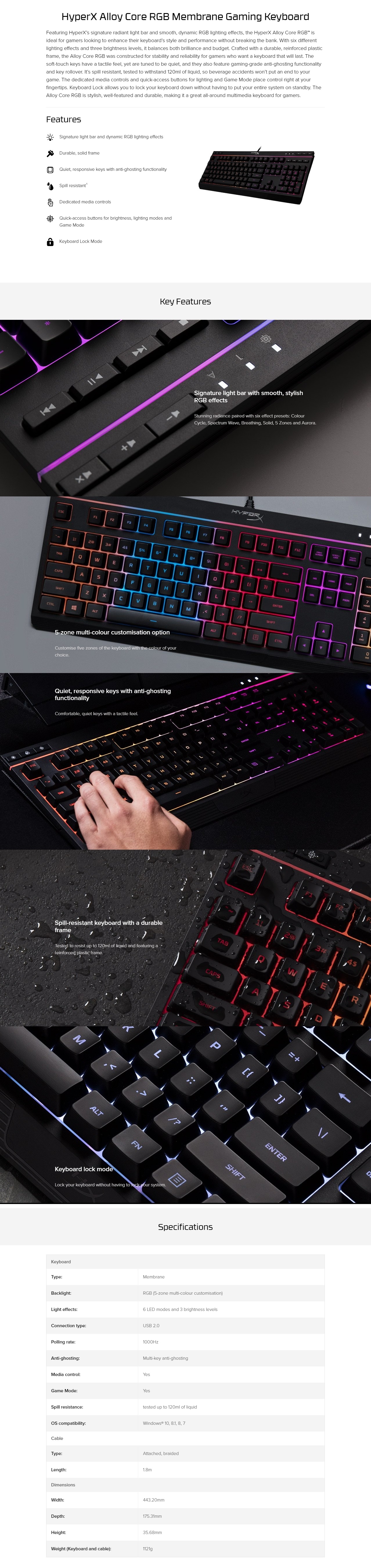 A large marketing image providing additional information about the product HyperX Alloy Core - RGB Gaming Keyboard (Membrane) - Additional alt info not provided