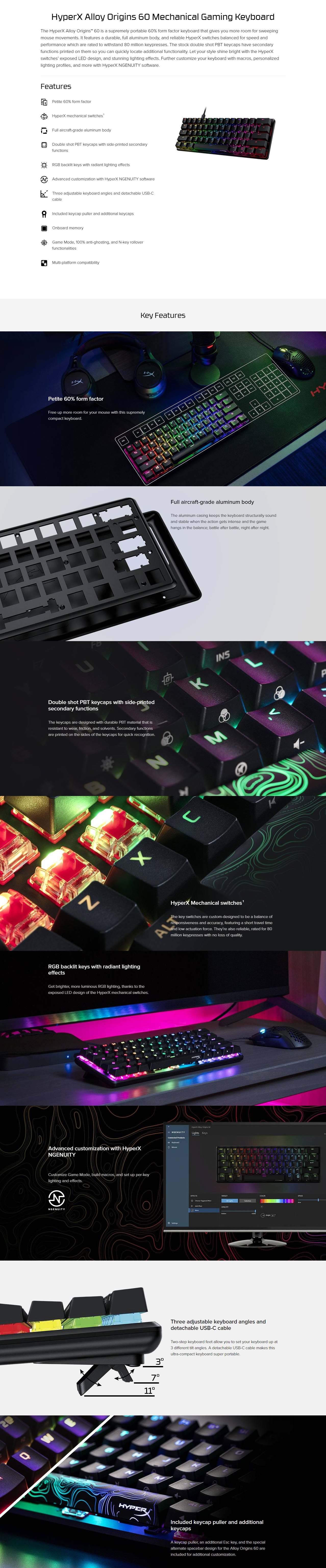 A large marketing image providing additional information about the product HyperX Alloy Origins 60 - Compact Mechanical Keyboard (HyperX Red Switch) - Additional alt info not provided
