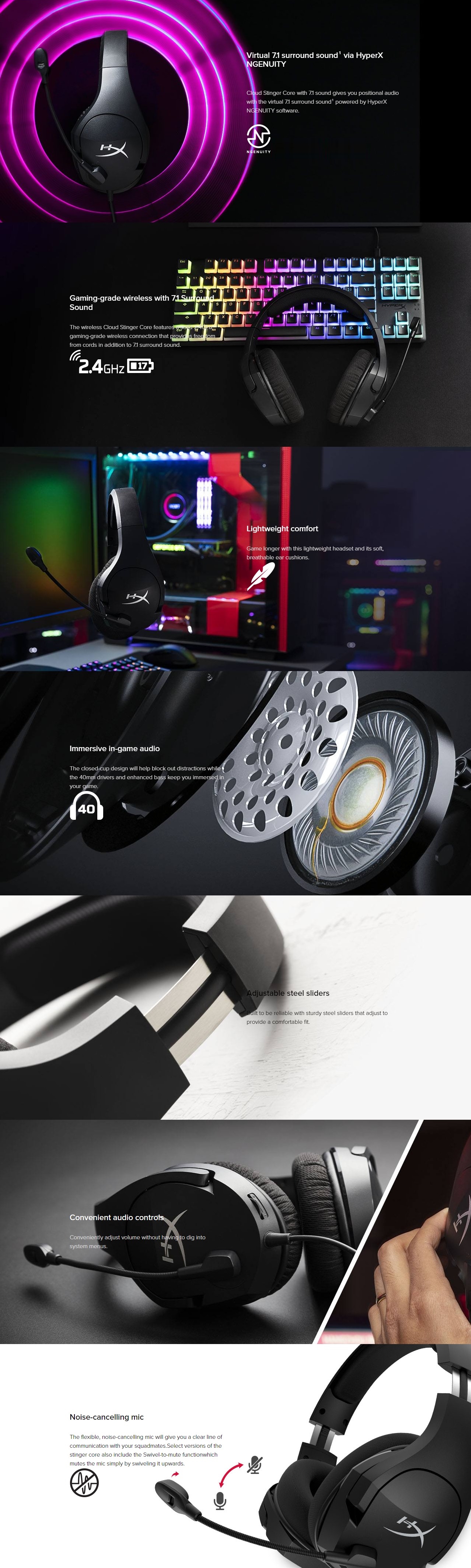 A large marketing image providing additional information about the product HyperX Cloud Stinger Core Wireless Gaming Headset  - Additional alt info not provided