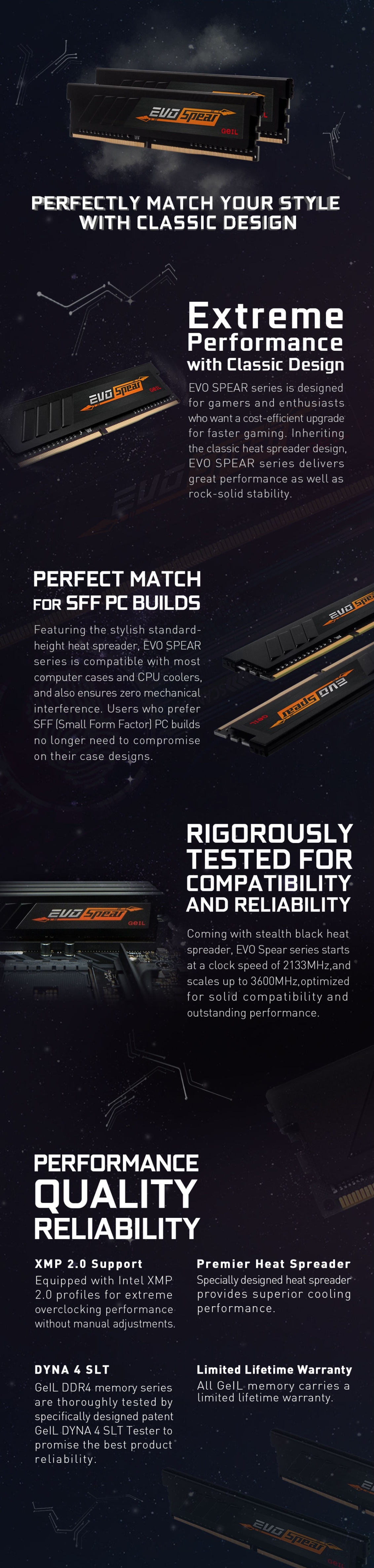A large marketing image providing additional information about the product GeIL 16GB Single (1x16GB) DDR4 EVO SPEAR C22 3200MHz - Black - Additional alt info not provided