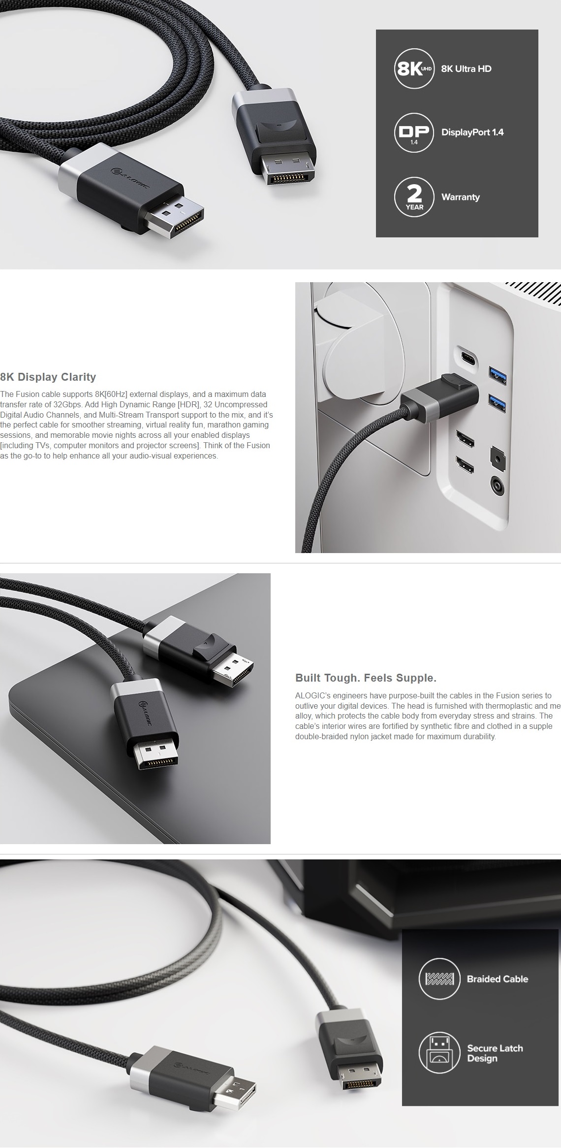 A large marketing image providing additional information about the product ALOGIC Fusion 8K DisplayPort to DisplayPort V1.4 Cable - 2m - Additional alt info not provided