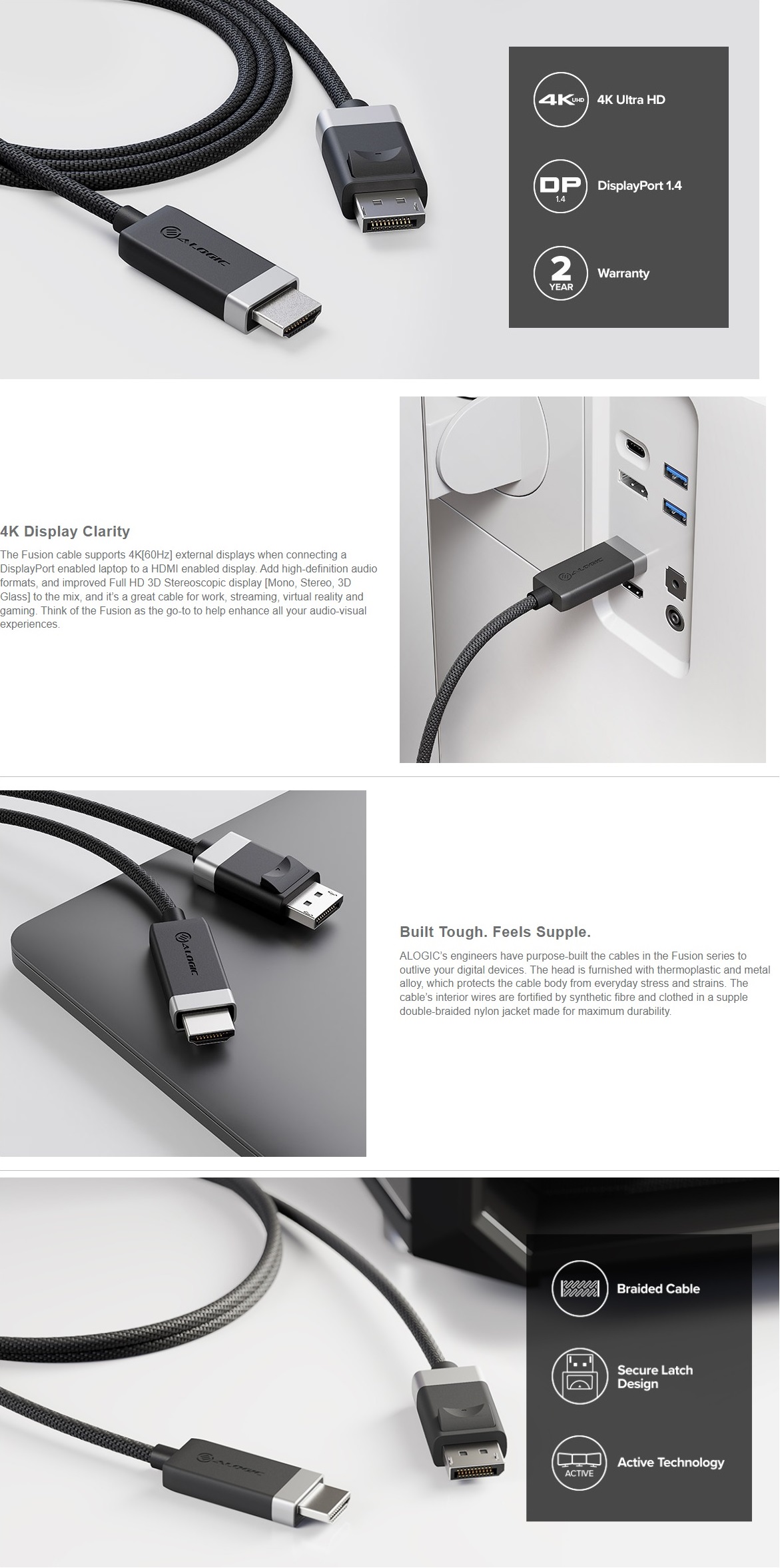 A large marketing image providing additional information about the product ALOGIC Fusion 4K DisplayPort to HDMI V1.4 Cable - 2m - Additional alt info not provided