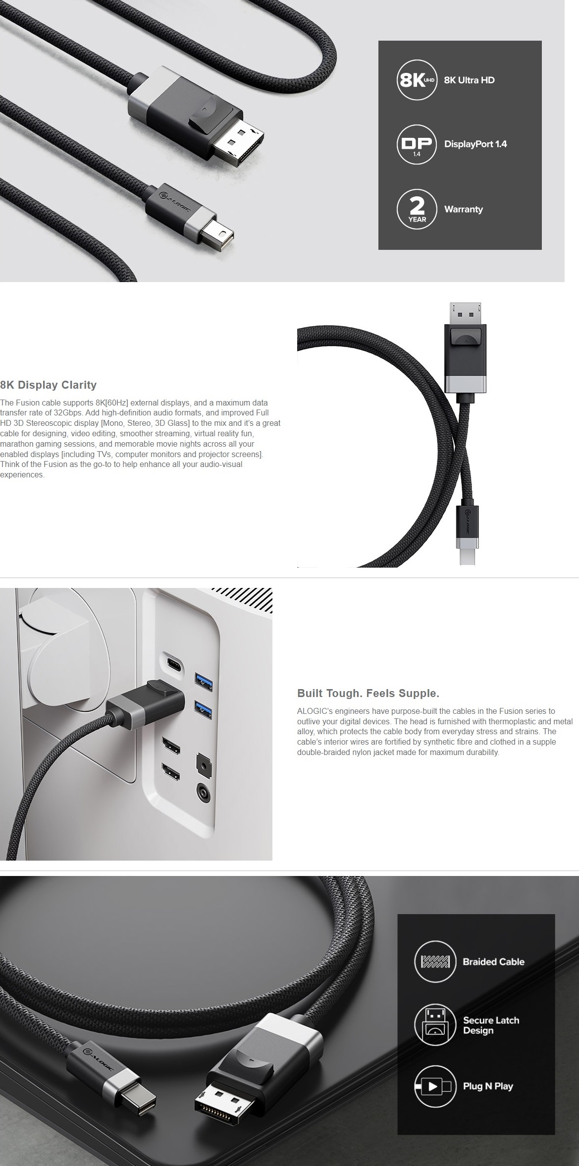 A large marketing image providing additional information about the product ALOGIC Fusion 8K Mini DisplayPort to DisplayPort V1.4 Cable - 2m - Additional alt info not provided