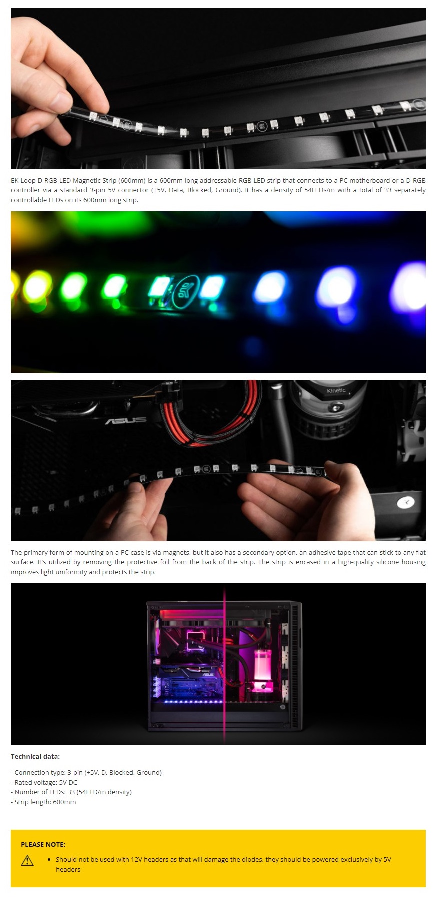 A large marketing image providing additional information about the product EK Loop D-RGB LED Magnetic Strip (600mm) - Additional alt info not provided