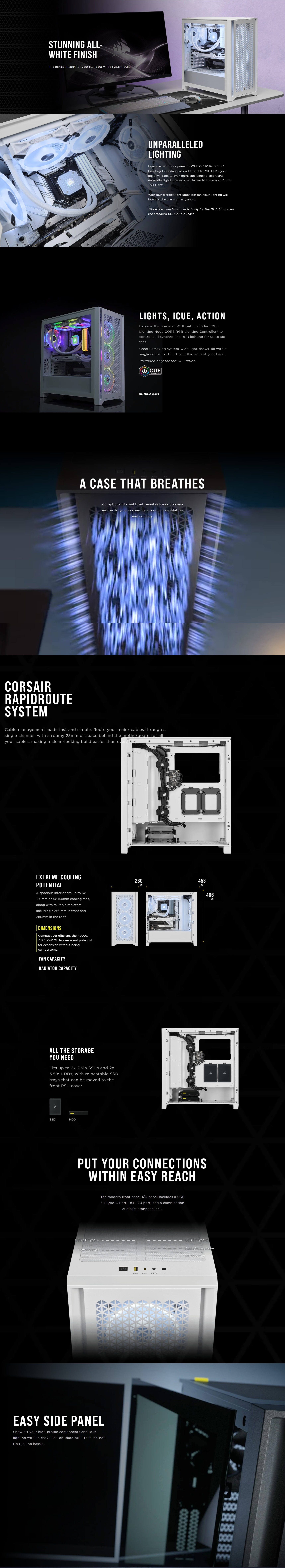 A large marketing image providing additional information about the product Corsair iCue 4000D Airflow QL Edition Mid Tower Case - True White - Additional alt info not provided