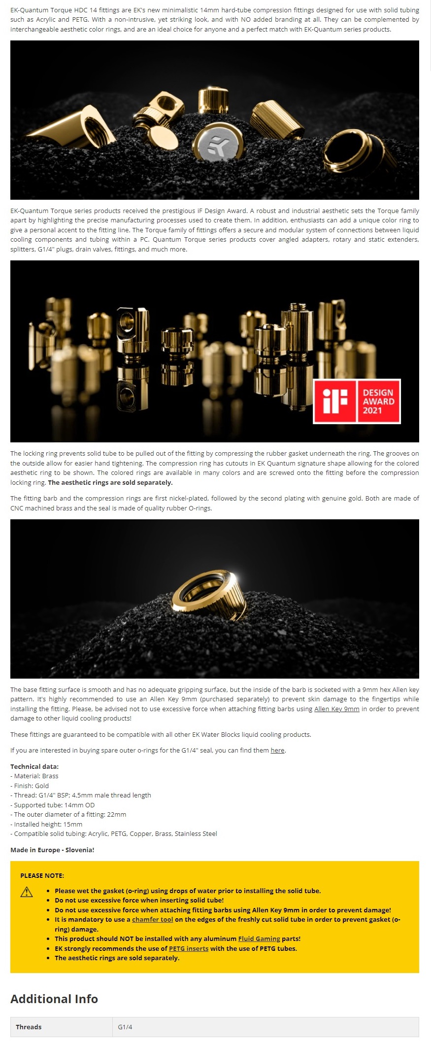 A large marketing image providing additional information about the product EK Quantum Torque HDC 14 - Gold - Additional alt info not provided