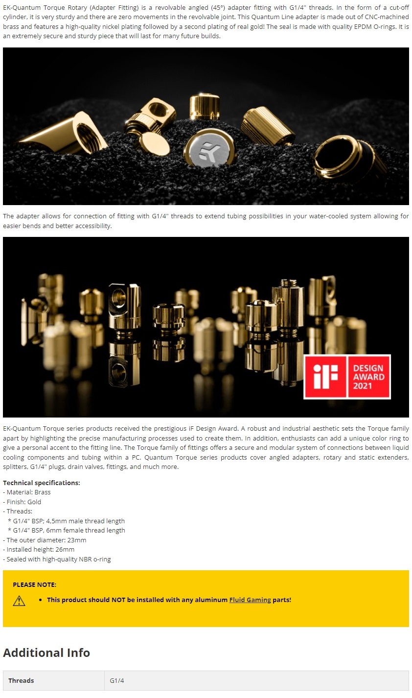 A large marketing image providing additional information about the product EK Quantum Torque Rotary 45 Degree (Gold) - Additional alt info not provided