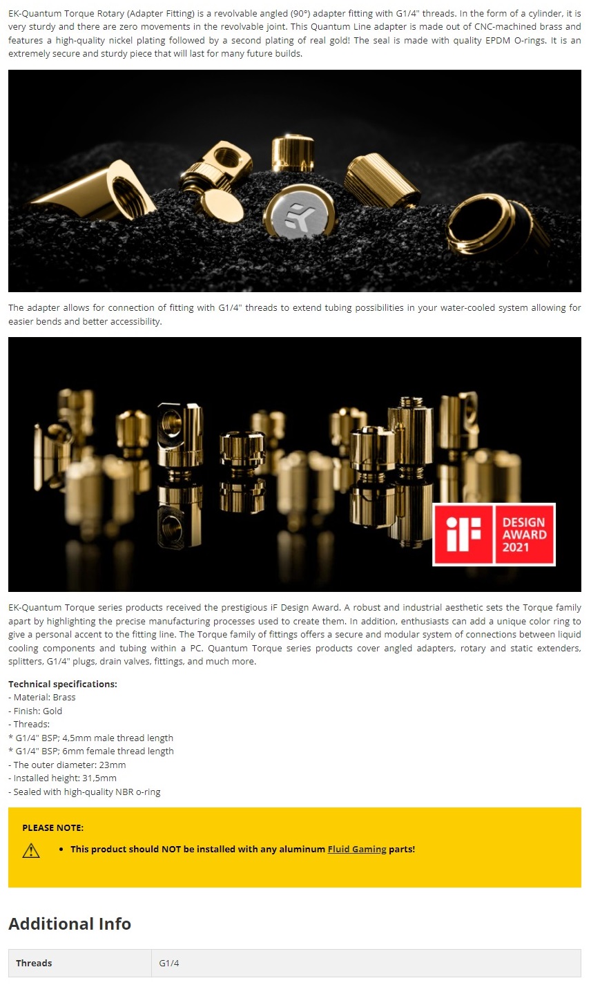 A large marketing image providing additional information about the product EK Quantum Torque Rotary 90 Degree (Gold) - Additional alt info not provided