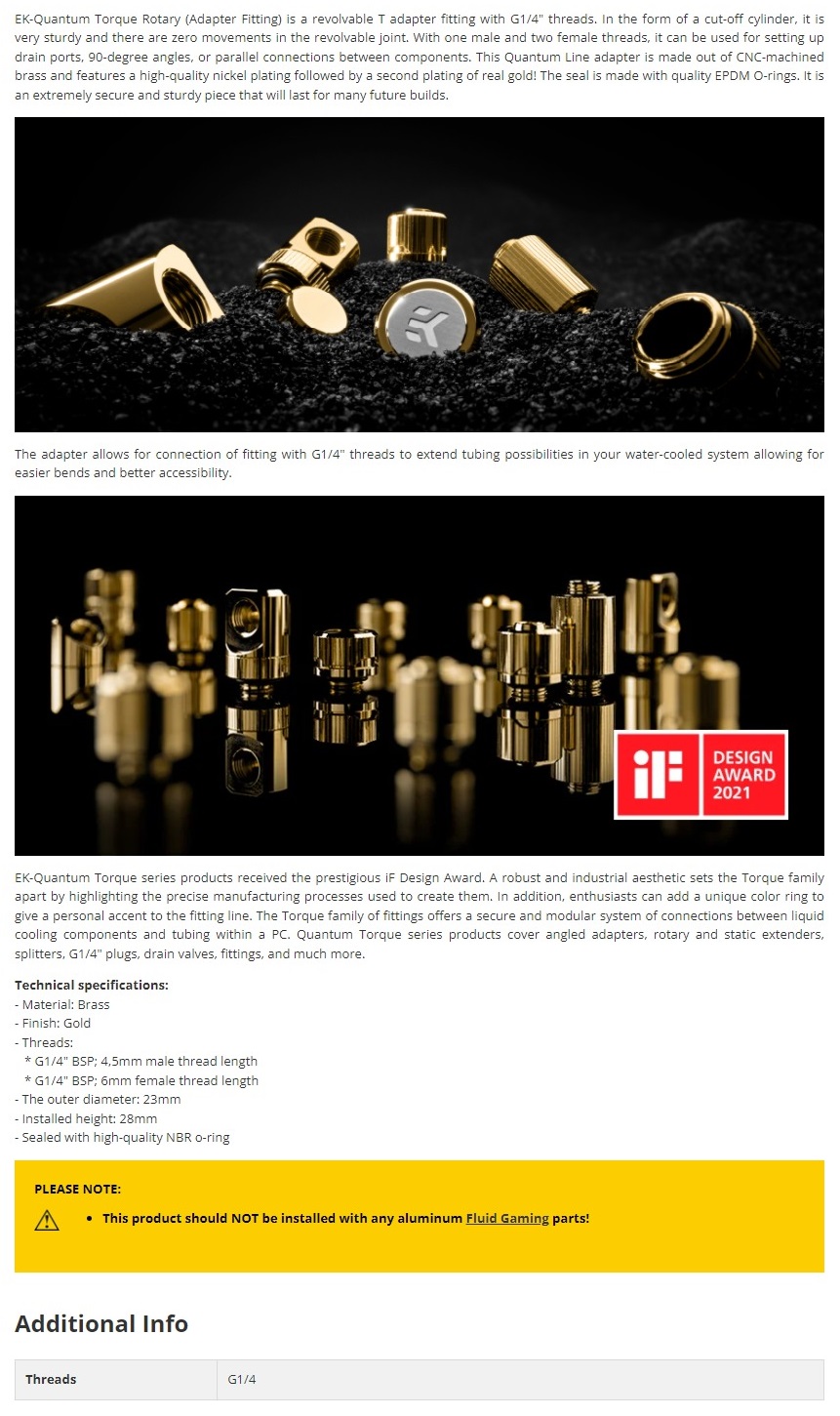 A large marketing image providing additional information about the product EK Quantum Torque Rotary T (Gold) - Additional alt info not provided