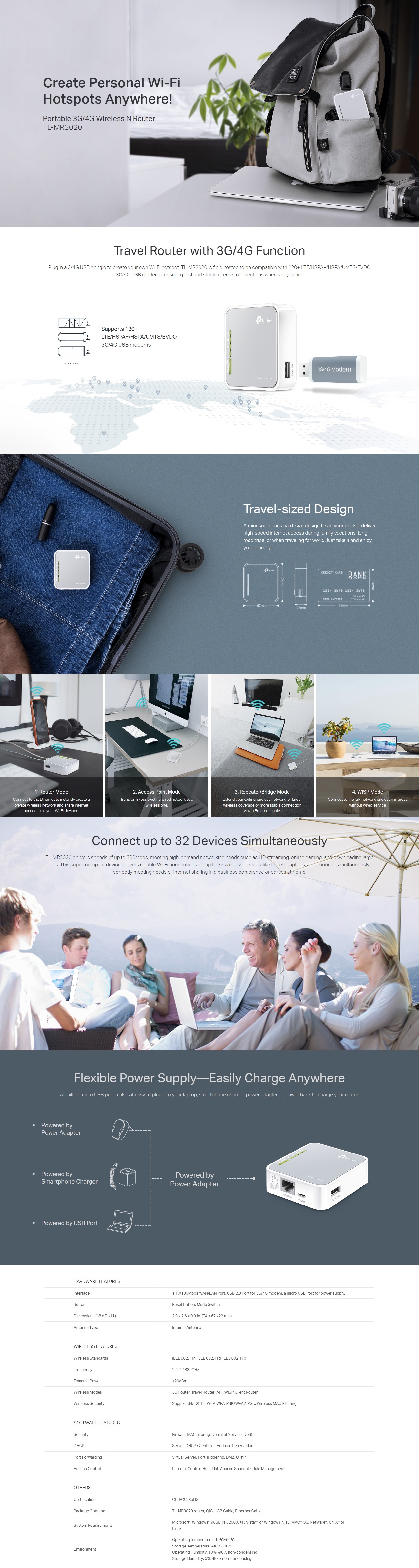 A large marketing image providing additional information about the product TP-Link MR3020 - N150 3G/4G Wi-Fi 4 Portable Router - Additional alt info not provided