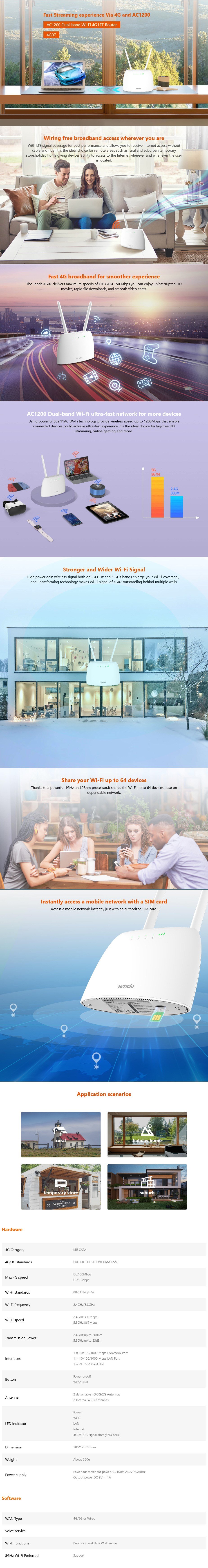 A large marketing image providing additional information about the product Tenda 4G07 AC1200 Dual-Band Wi-Fi 4G LTE Router - Additional alt info not provided
