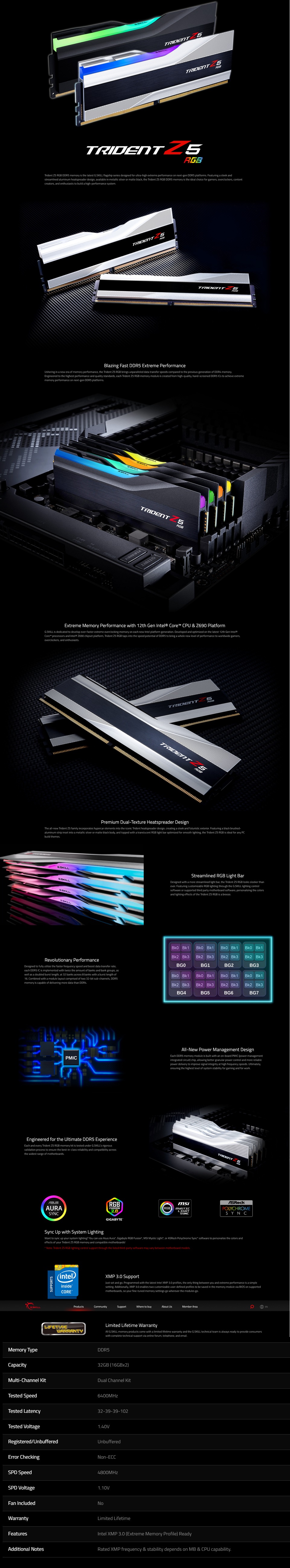 A large marketing image providing additional information about the product G.Skill 32GB Kit (2x16GB) DDR5 Trident Z5 RGB C32 6400MHz -  Silver - Additional alt info not provided