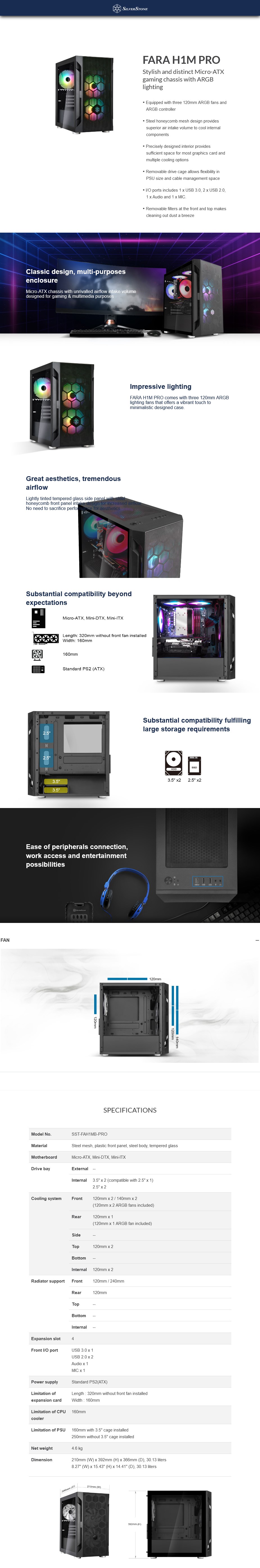 A large marketing image providing additional information about the product SilverStone FARA H1M Pro Micro Tower Case - Black - Additional alt info not provided