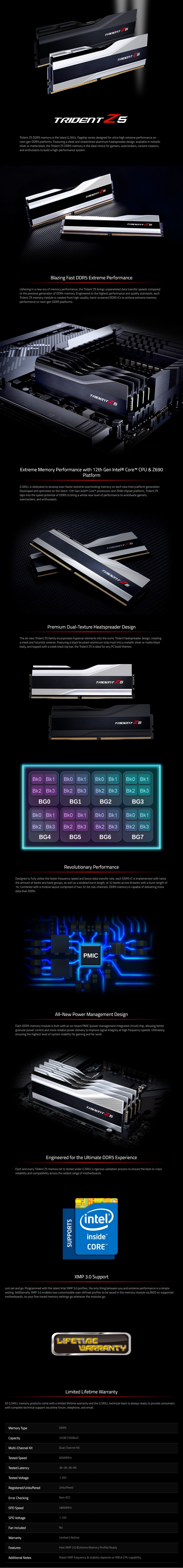 A large marketing image providing additional information about the product G.Skill 32GB Kit (2x16GB) DDR5 Trident Z5 C36 6000Mhz -  Black - Additional alt info not provided