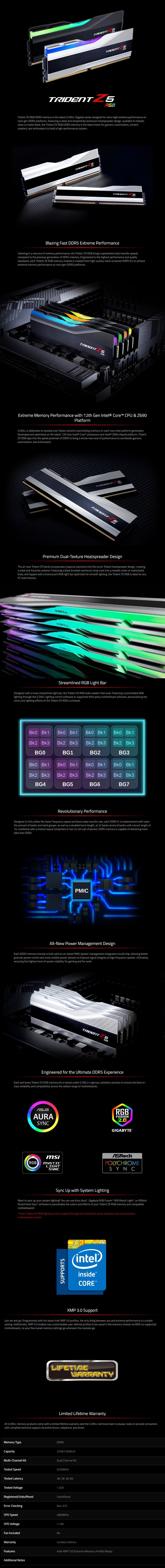 A large marketing image providing additional information about the product G.Skill 32GB Kit (2x16GB) DDR5 Trident Z5 RGB C36 5200MHz -  Black - Additional alt info not provided