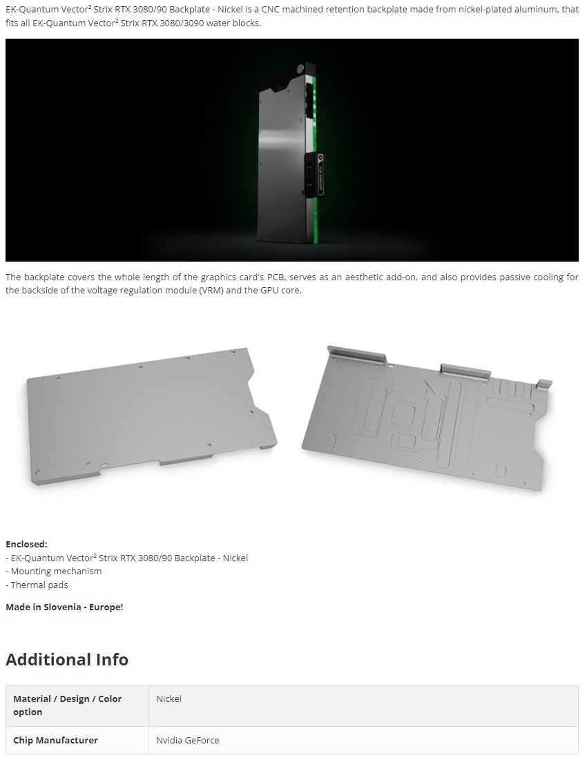 A large marketing image providing additional information about the product EK Quantum Vector2 Strix RTX 3080/90 Backplate - Nickel - Additional alt info not provided