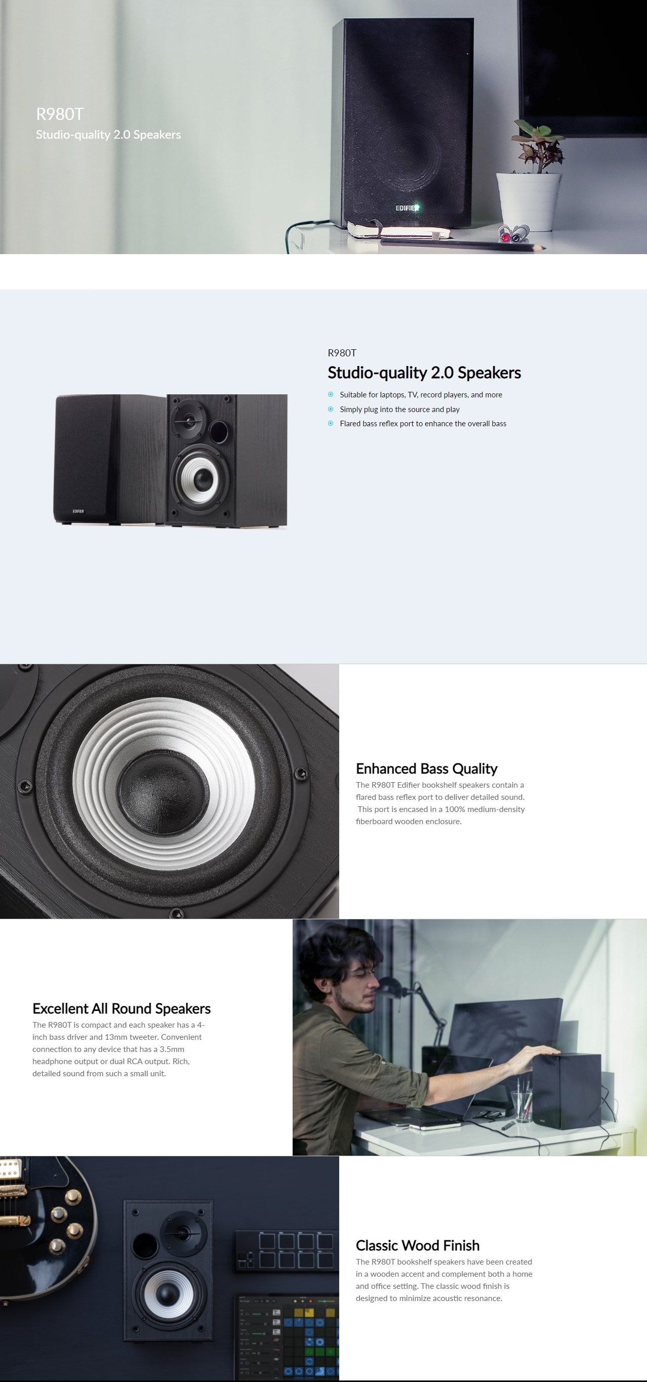 A large marketing image providing additional information about the product Edifier R980T 2.0 Powered Bookshelf Speakers - Additional alt info not provided