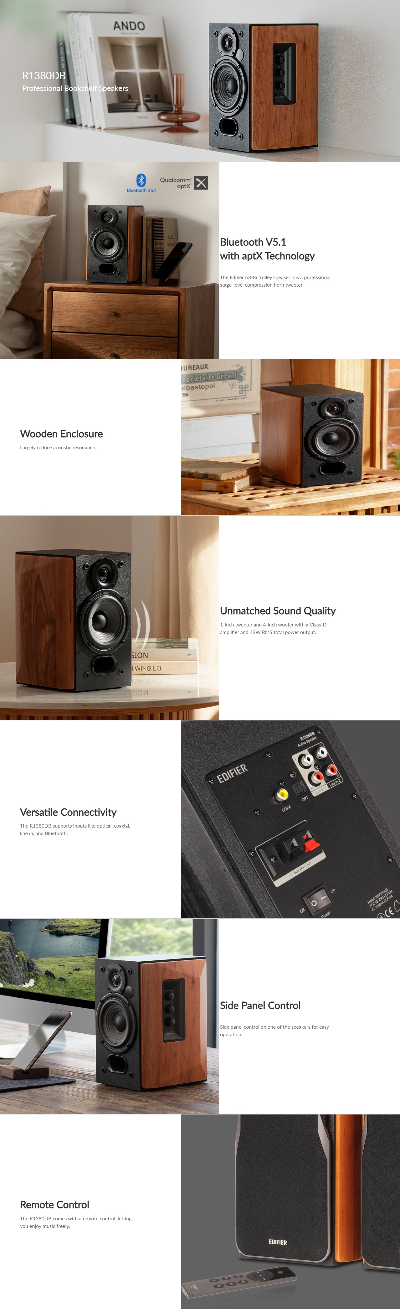 A large marketing image providing additional information about the product Edifier R1380DB 2.0 Professional Bluetooth Bookshelf Speakers - Brown  - Additional alt info not provided