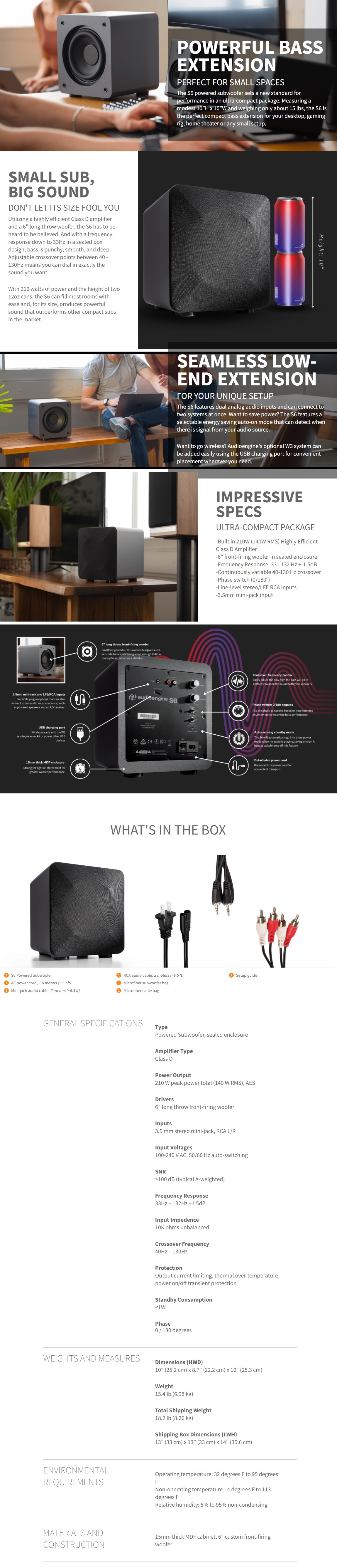 A large marketing image providing additional information about the product Audioengine S6 - Powered Subwoofer (Grey/Black) - Additional alt info not provided