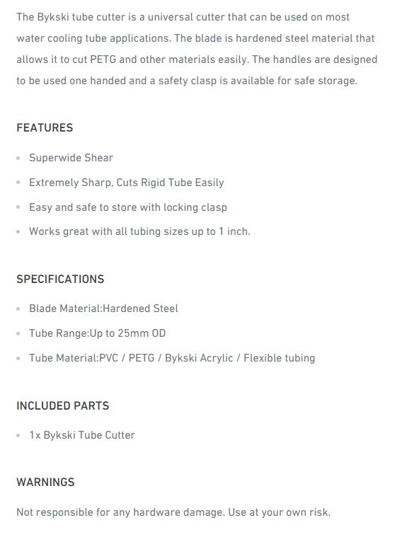 A large marketing image providing additional information about the product Bykski B-PT-X Universal Flexible / Hard Tube Cutter - Additional alt info not provided